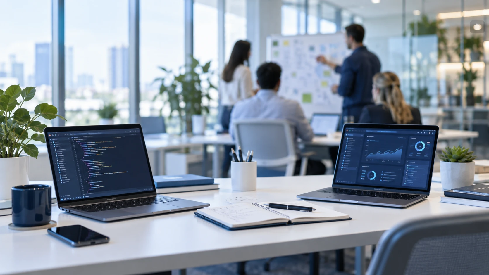 Modern technology workspace with laptops showing code and analytics while a team plans at a whiteboard