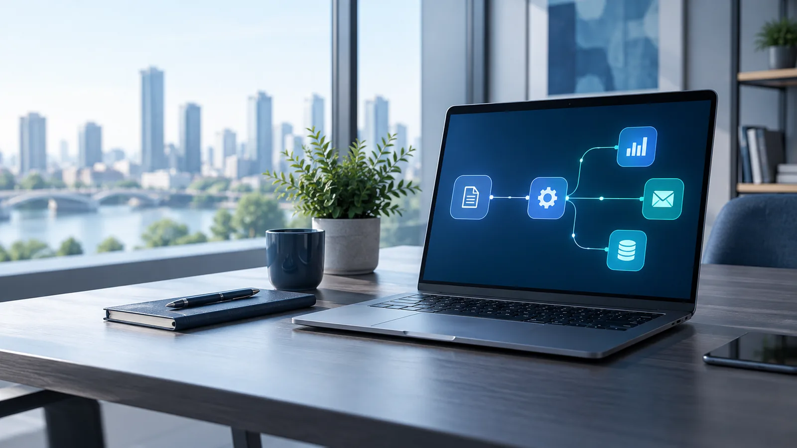 AI automation workflow displayed on a laptop in a modern office