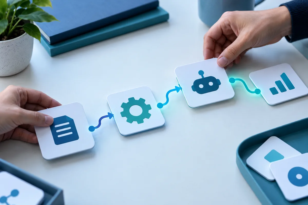 Automation workflow cards arranged for business process planning