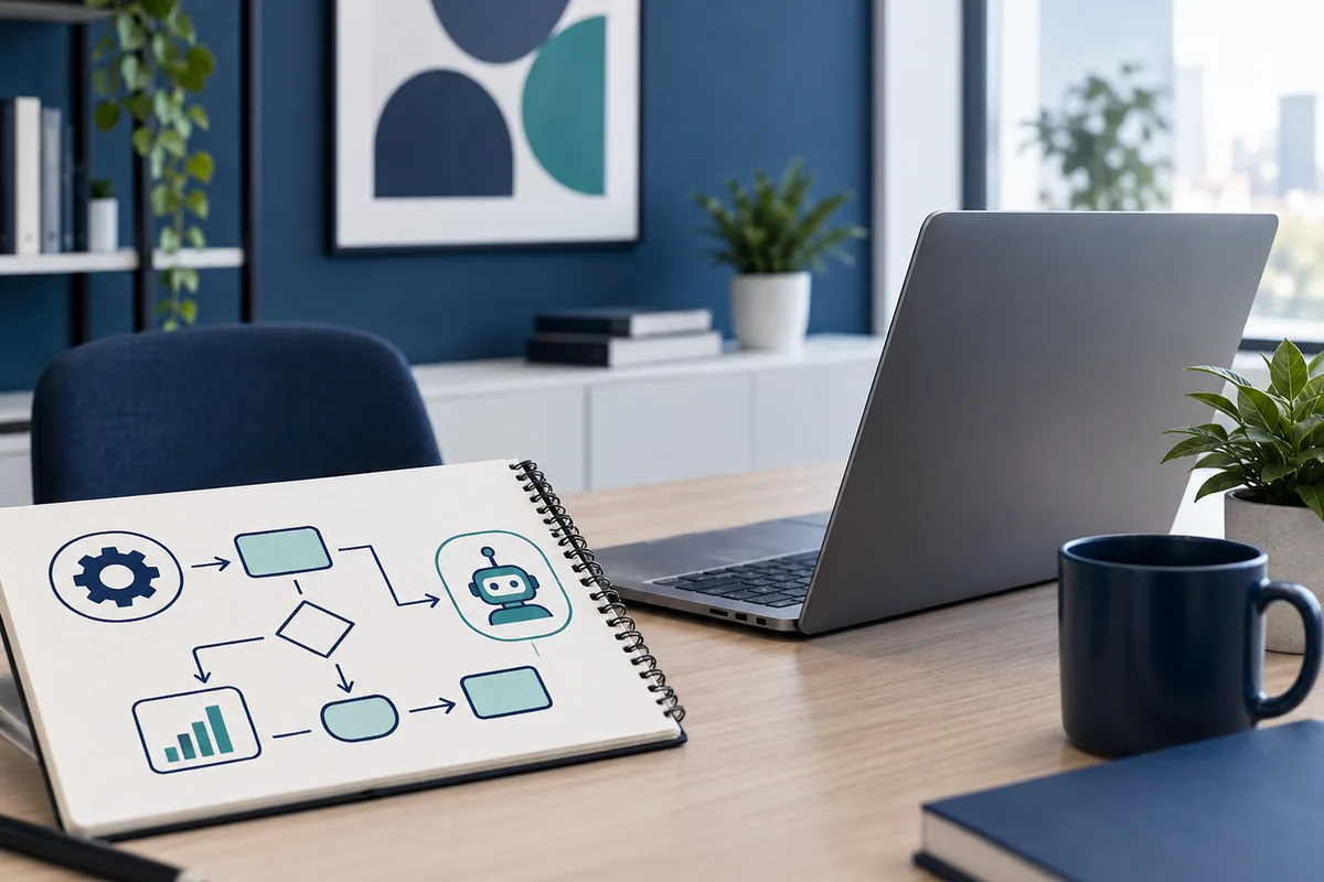 Automation workflow diagram planned beside a laptop