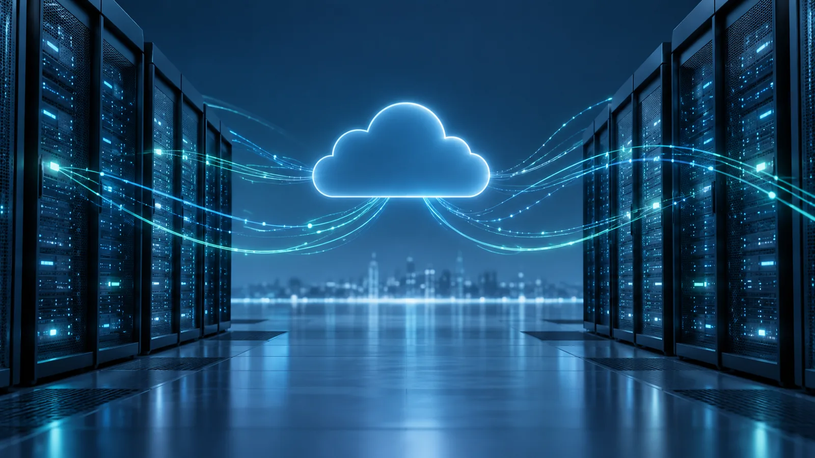 Abstract cloud infrastructure with illuminated server racks