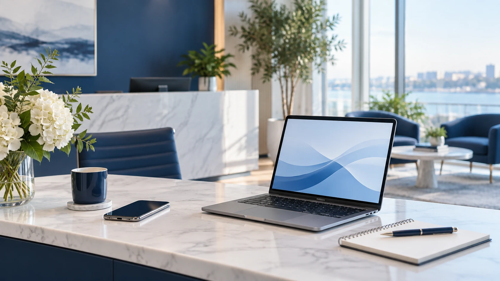 Bright workspace with a laptop, phone and notebook ready for a client conversation