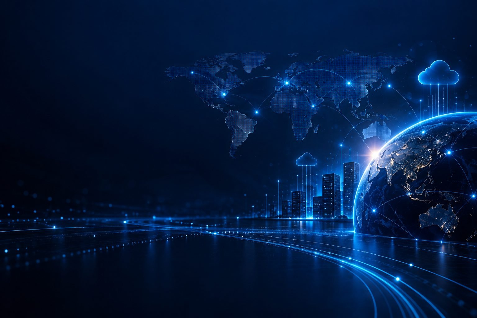 Futuristic global digital technology network connecting cities and cloud infrastructure worldwide, representing Wex Worlds LLC global technology reach