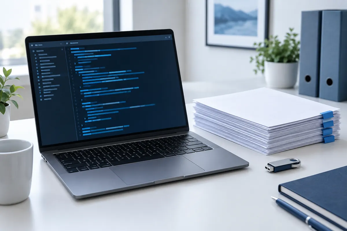 Laptop displaying a finished digital product interface with project materials