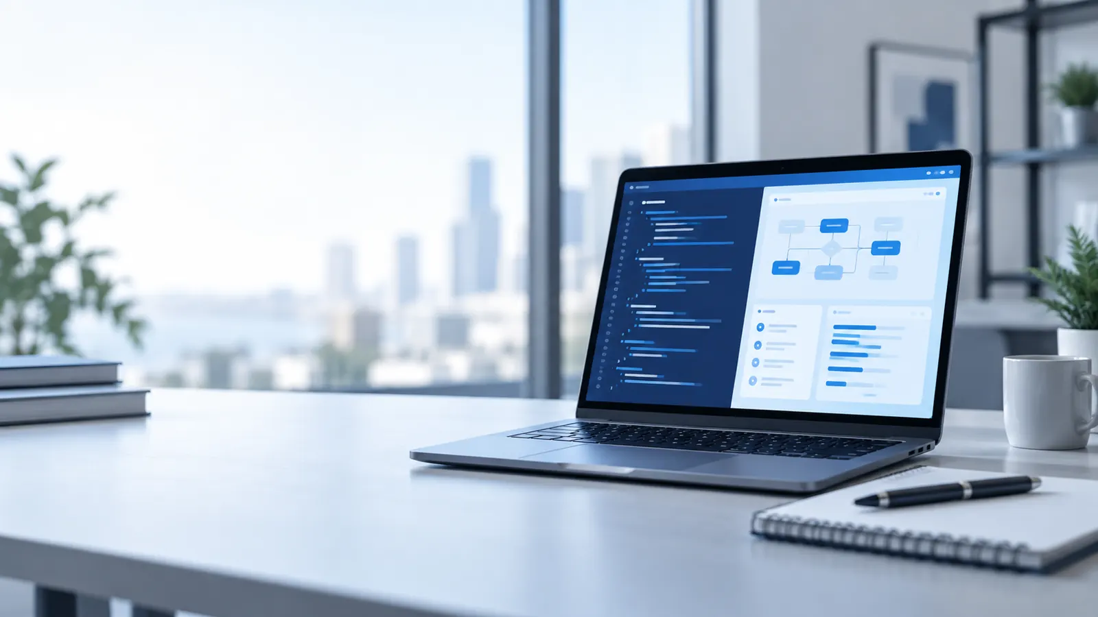 Abstract software workspace showing a laptop with a custom business dashboard