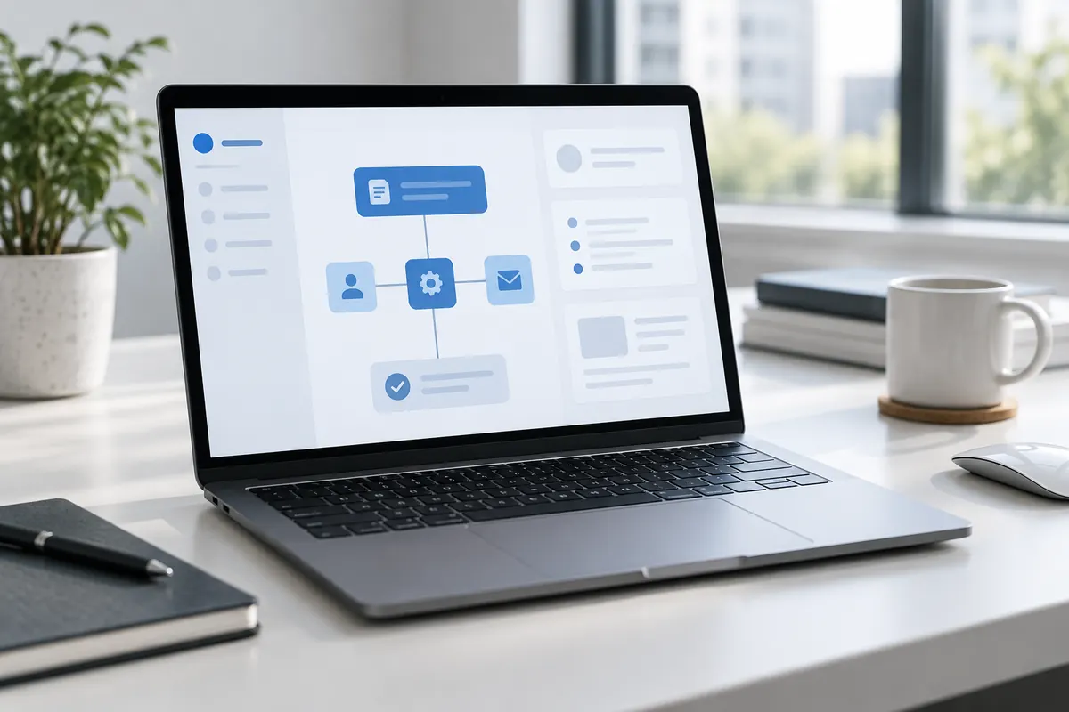 Conceptual business software interface organized around a company workflow on a laptop screen