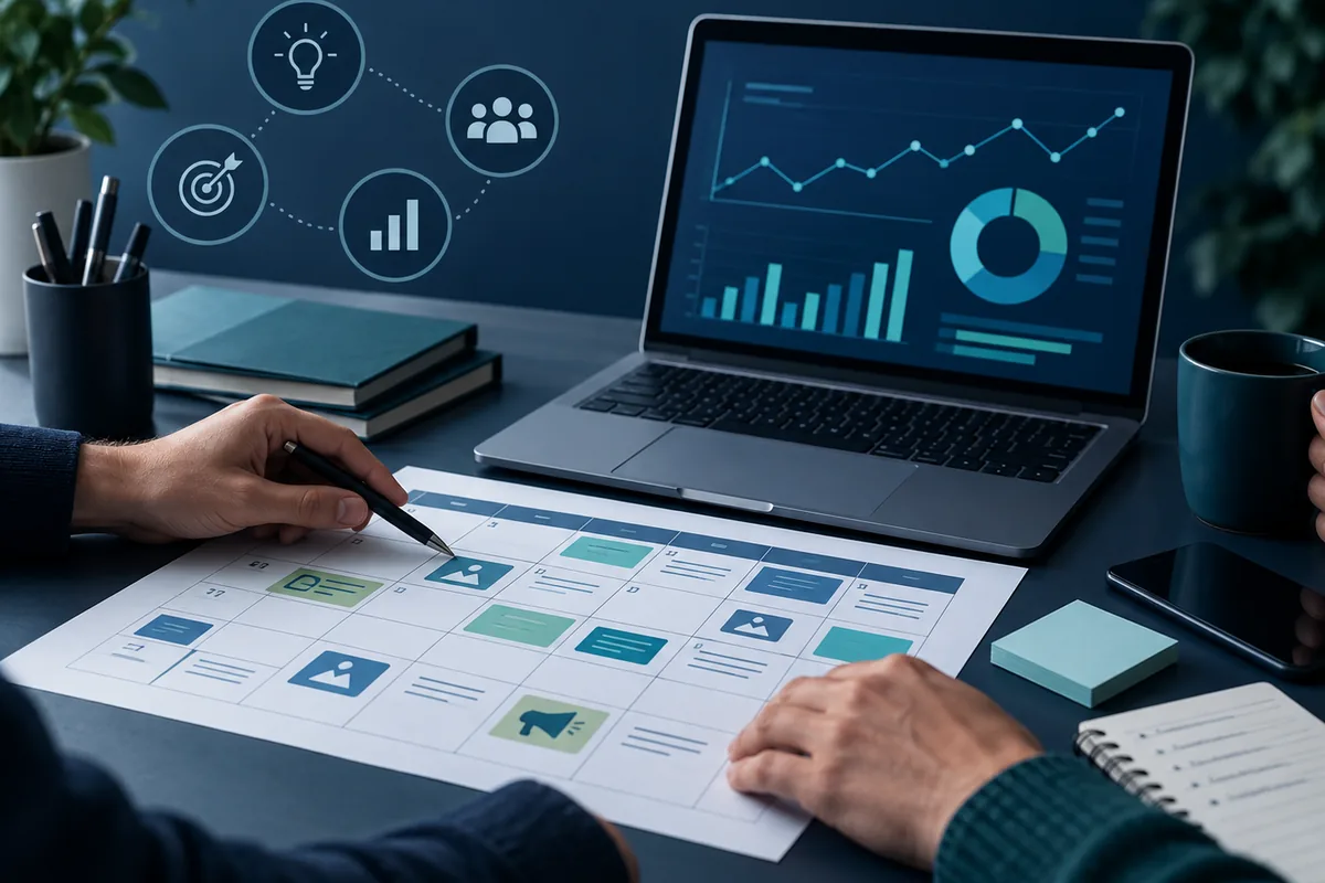 Digital campaign report and planning notes on a desk