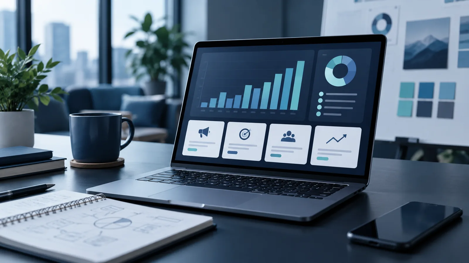 Digital campaign analytics on a laptop in a modern workspace