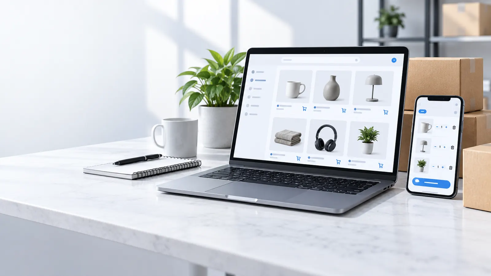 Online storefront product grid shown on generic laptop and phone screens