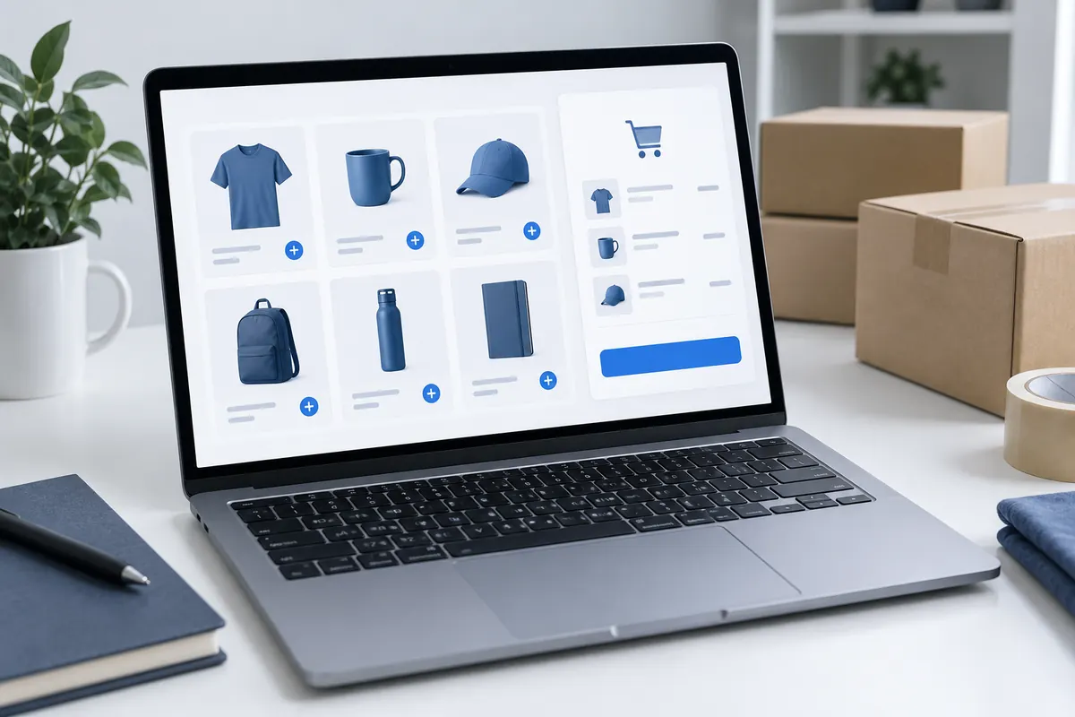 E-commerce product catalog and shopping cart interface on a laptop