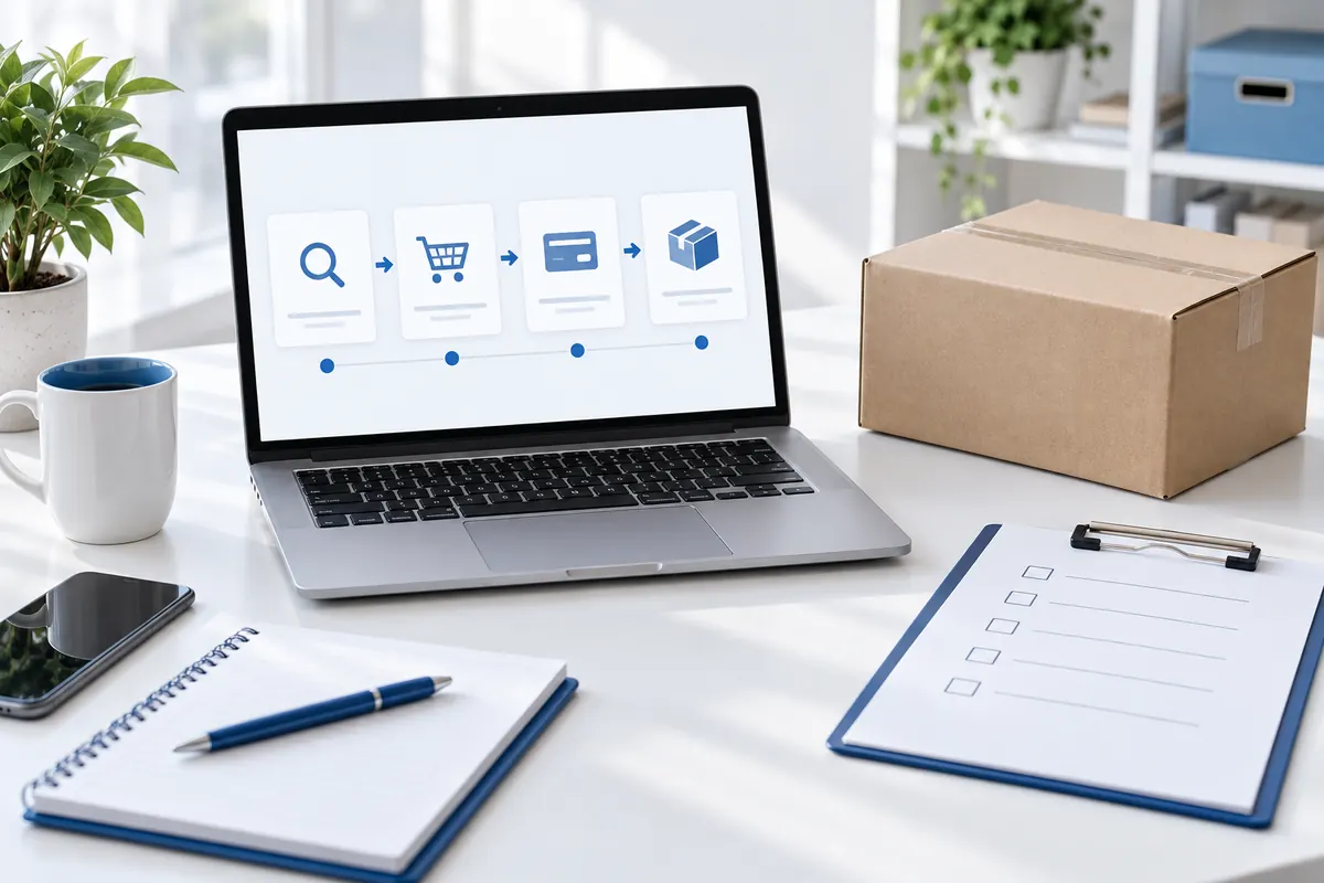 E-commerce project planning with product flow sketches and interface screens