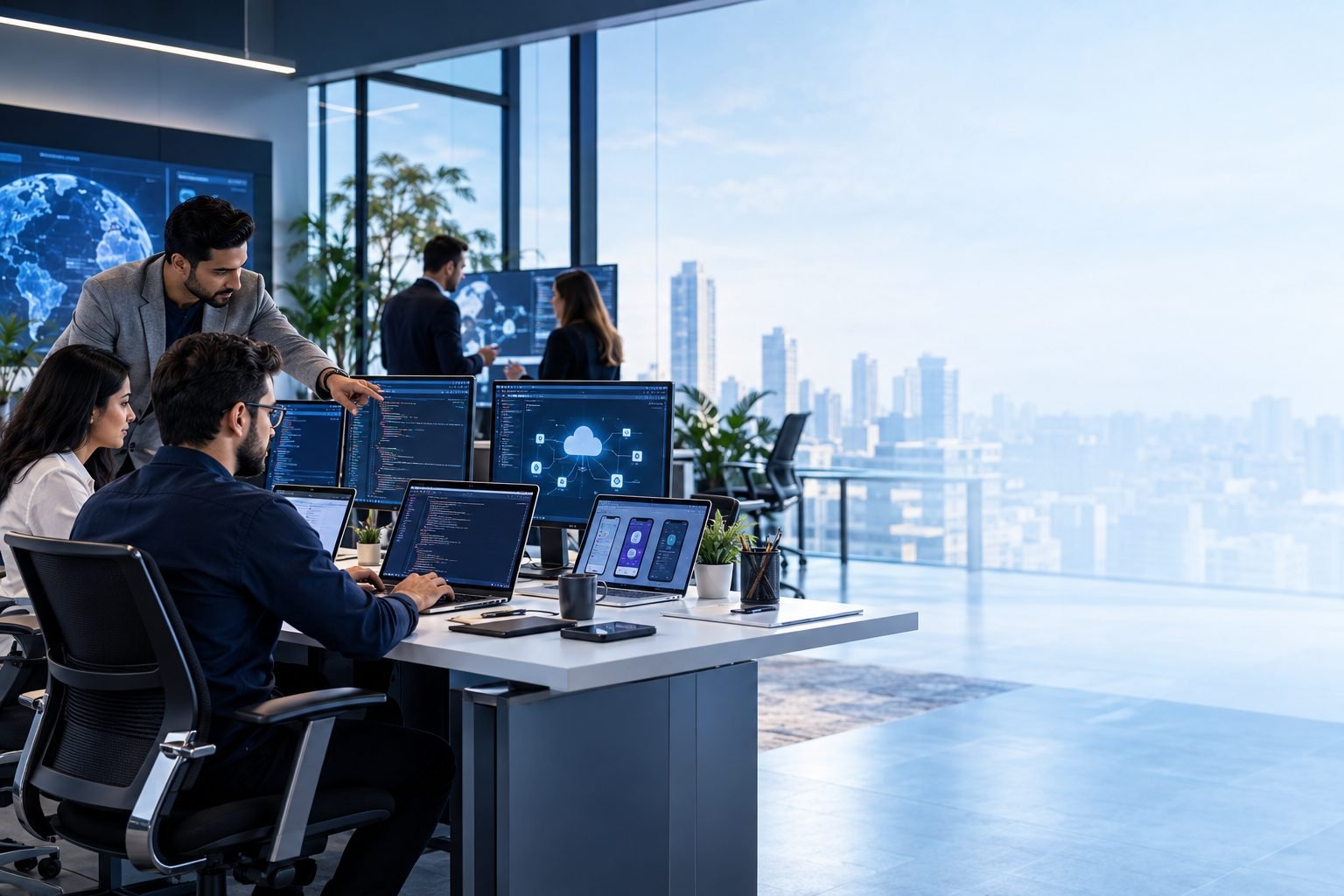 Technology professionals collaborating in a modern office with data dashboards, representing Wex Worlds LLC premium technology solutions