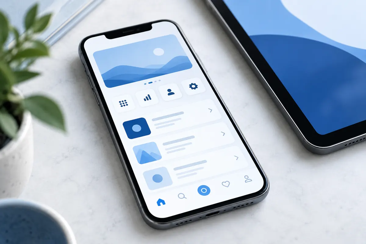 Mobile app feature layouts and interface components on a workspace