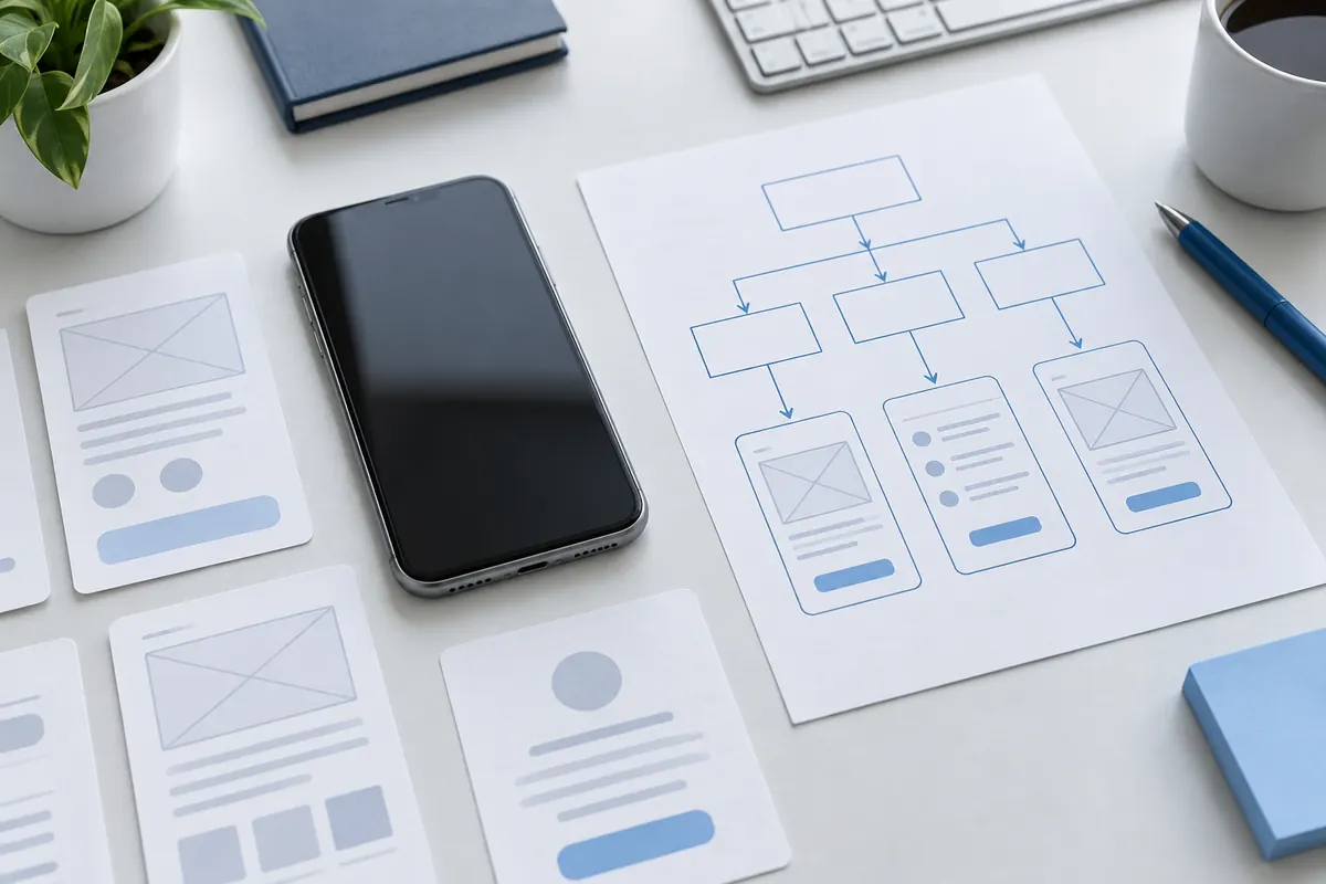 Mobile app planning sketches and user flow displayed beside a phone