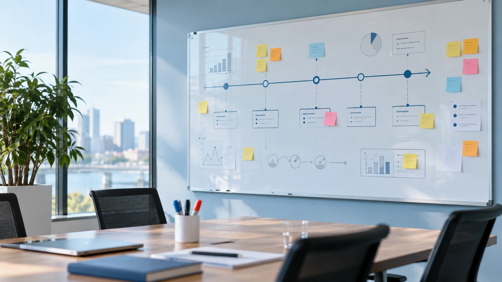 Project roadmap with milestones and sticky notes on a meeting room whiteboard