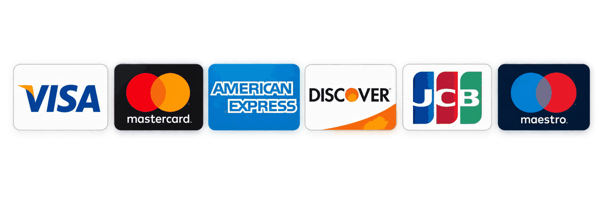 Accepted payment methods: Visa, Mastercard, American Express, Discover, JCB, and Maestro