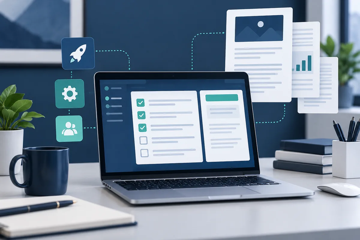 SaaS release documentation and interface panels on a laptop
