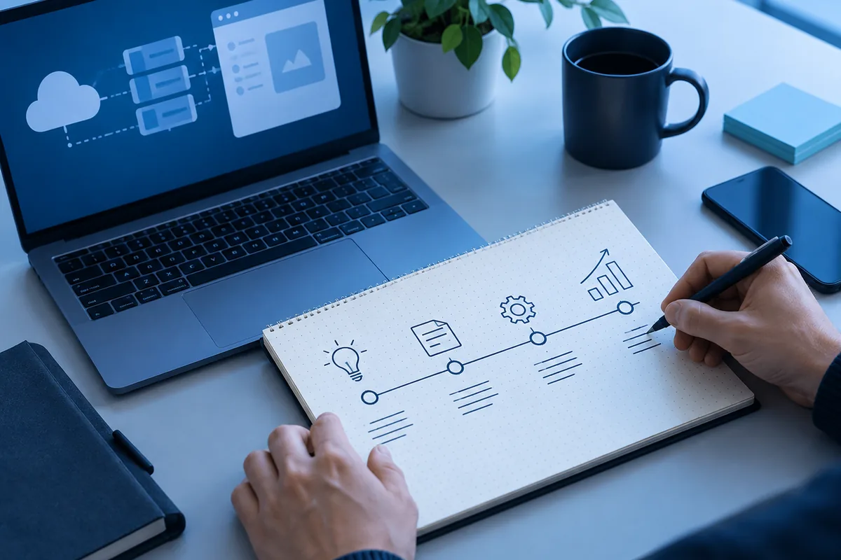 Software product roadmap reviewed beside a laptop