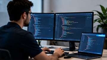 Software developer writing custom code on a laptop screen representing Wex Worlds LLC custom software development service