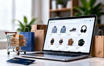 Online shopping cart and product interface on a laptop and mobile screen representing Wex Worlds LLC e-commerce development service