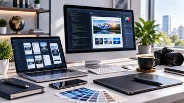 Web developer designing a responsive website layout on a laptop representing Wex Worlds LLC web development service