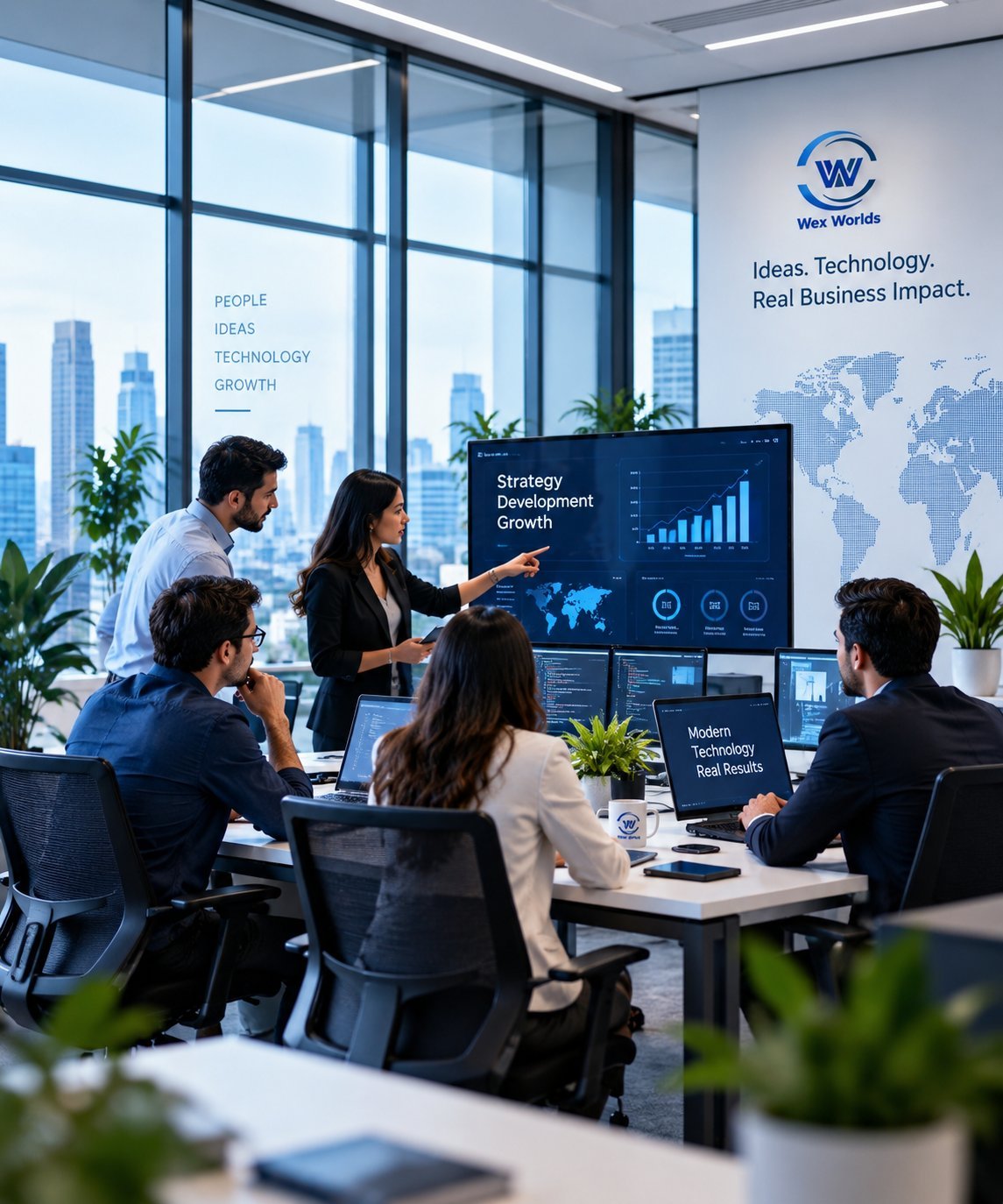 Wex Worlds LLC technology team collaborating in a modern corporate office