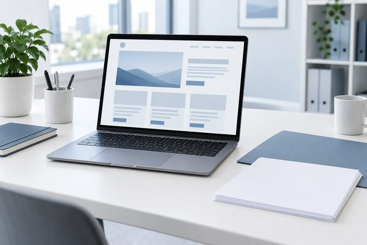 Completed website interface displayed on a laptop with supporting design assets