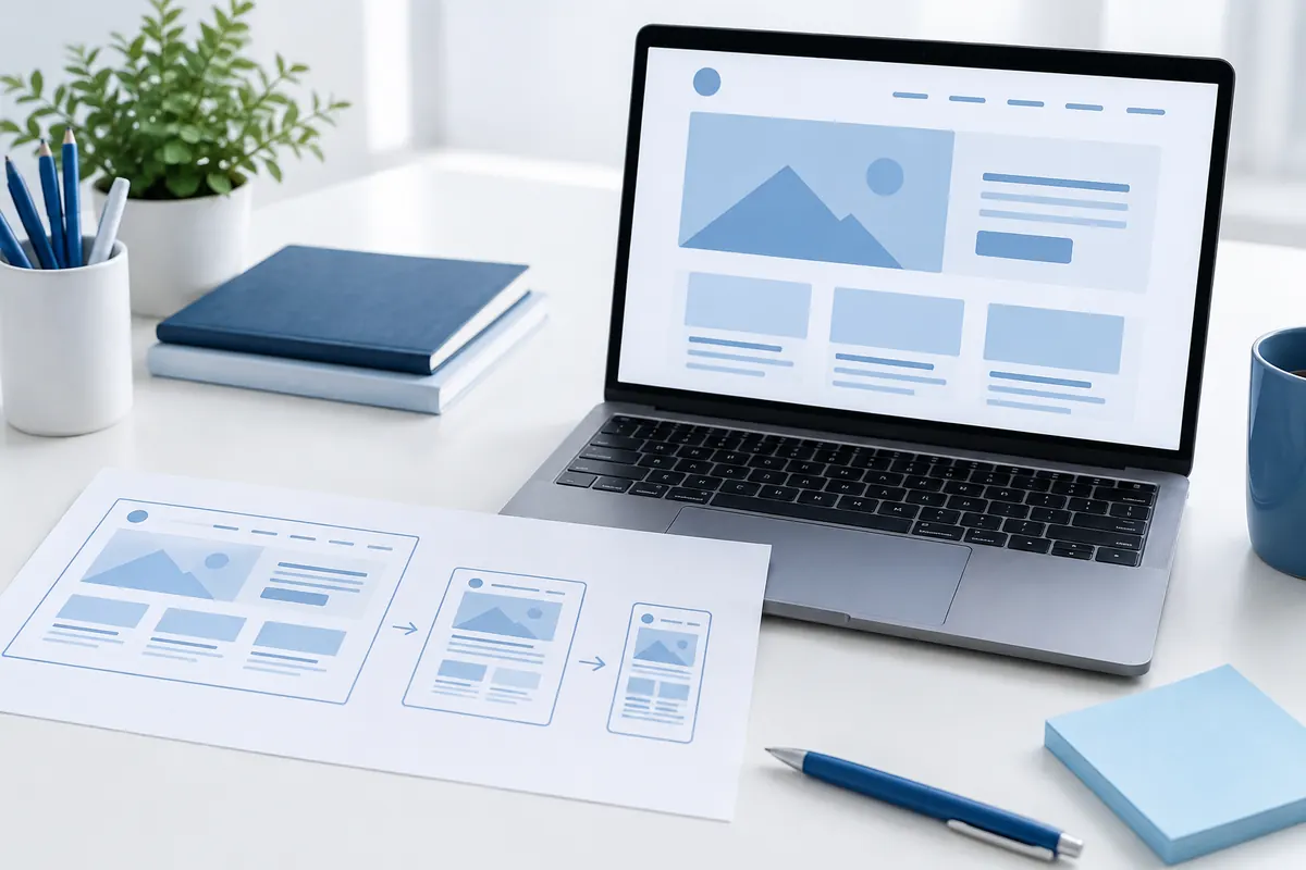 Website wireframes and design components shown on a desktop workspace