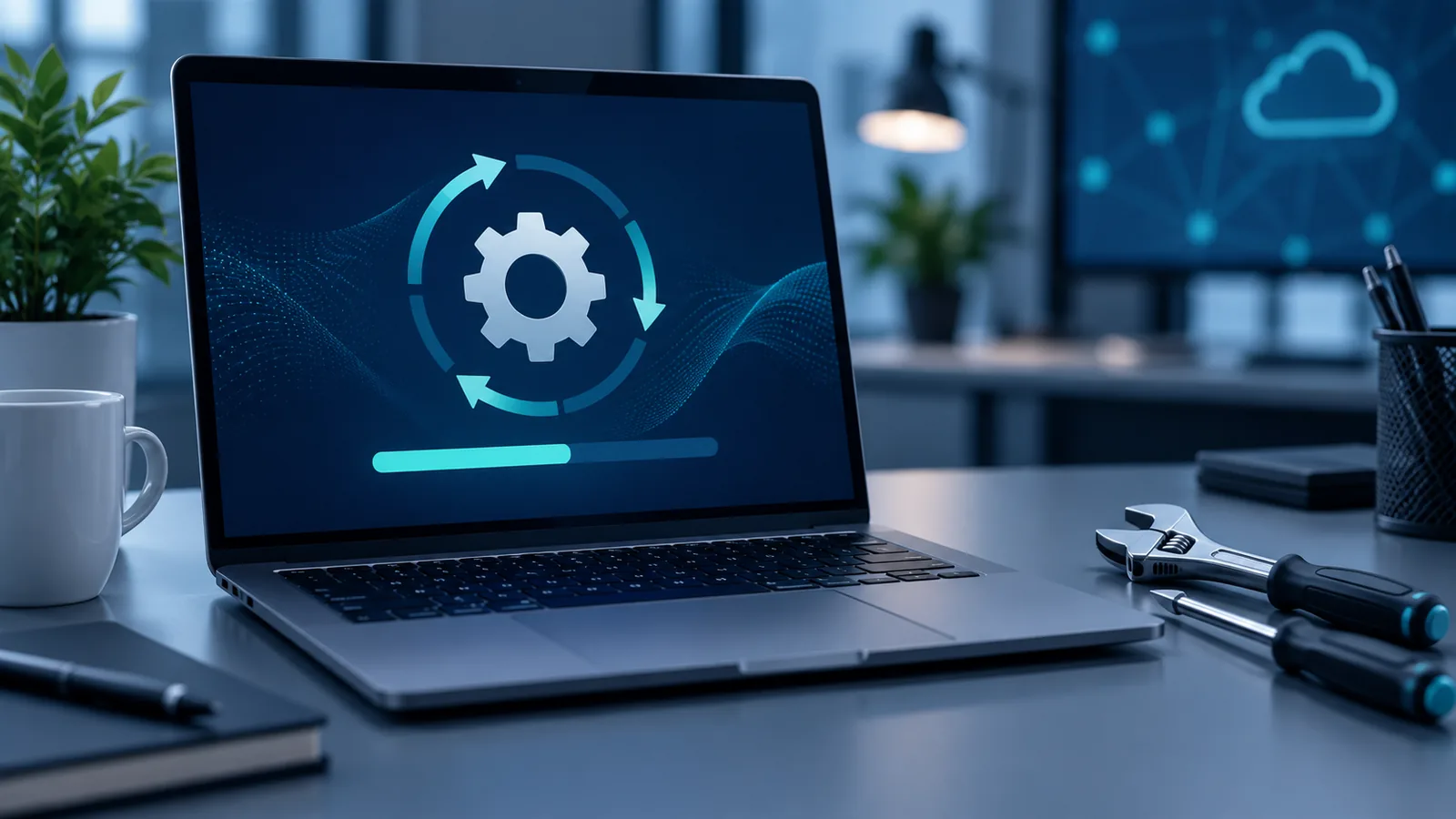 Website maintenance workspace with laptop and technical notes