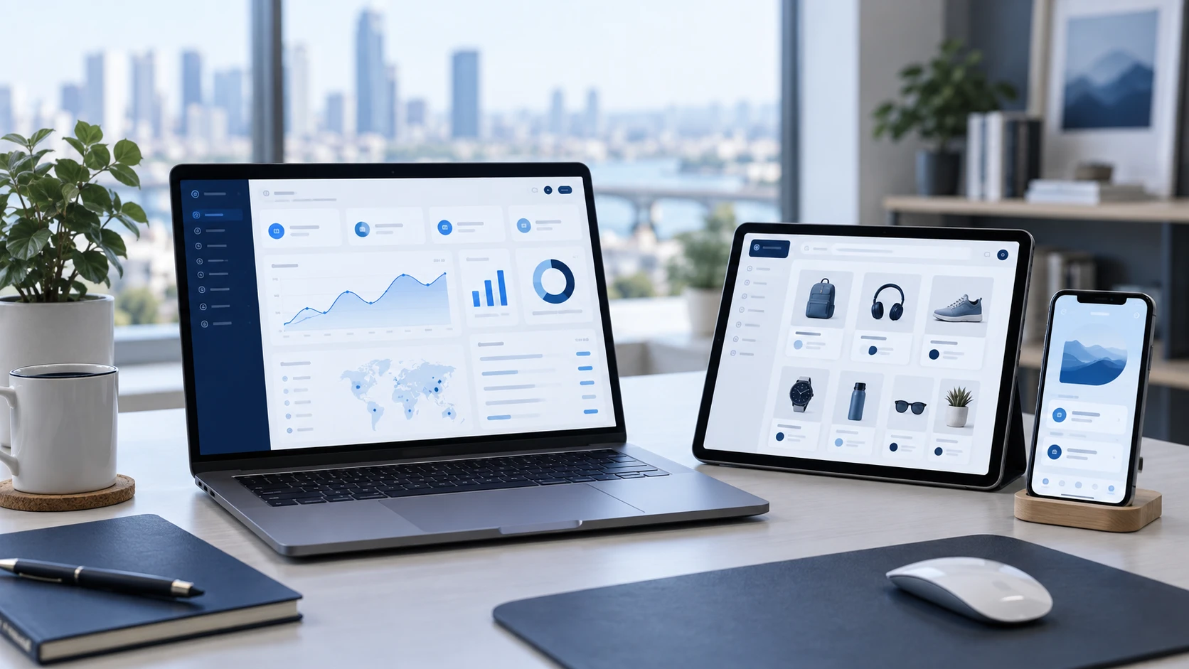 Web dashboard, online store and mobile app displayed on a laptop, tablet and phone