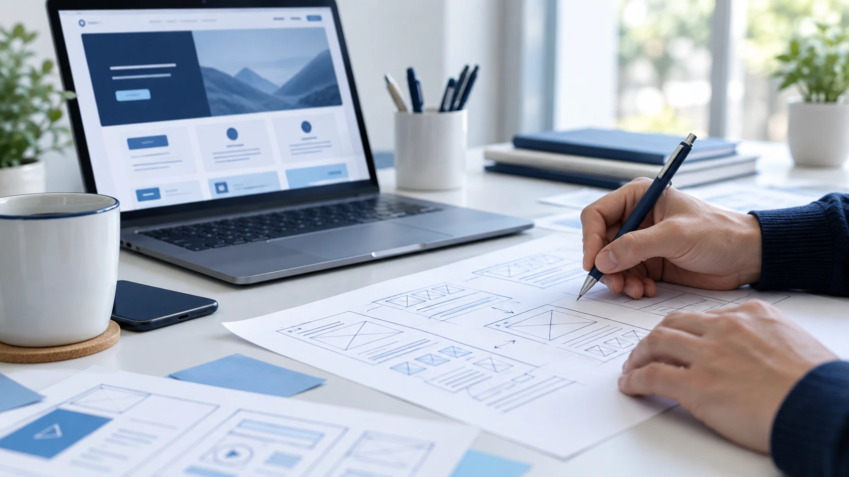 Designer sketching website wireframes on paper next to a laptop showing a page layout